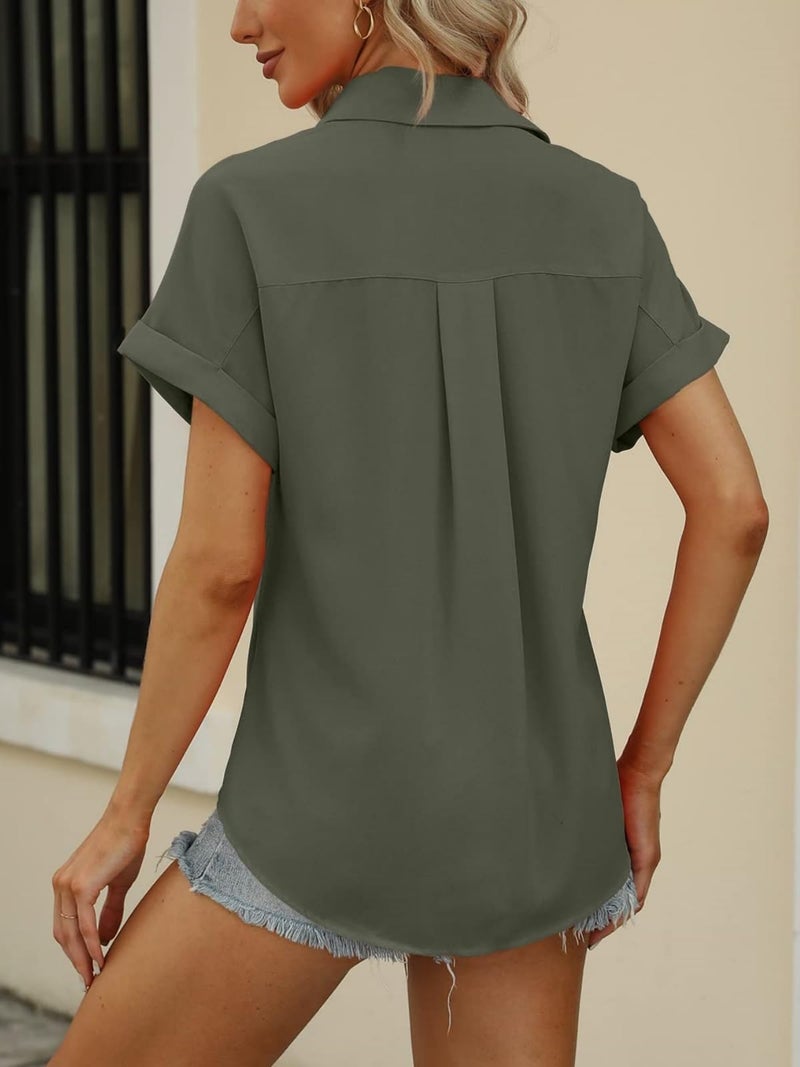 Beautife Womens Short Sleeve Shirts V Neck Collared Button Down Shirt Tops with Pockets Army Green - Image 5